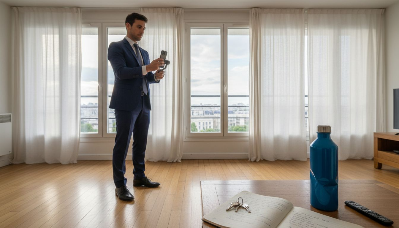 Un agent immobilier réalise une visite vidéo à l’intérieur d’un appartement.