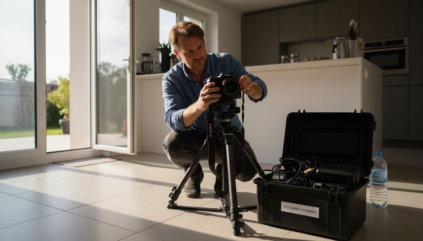 Un vidéaste installe son matériel dans un duplex baigné de lumière.