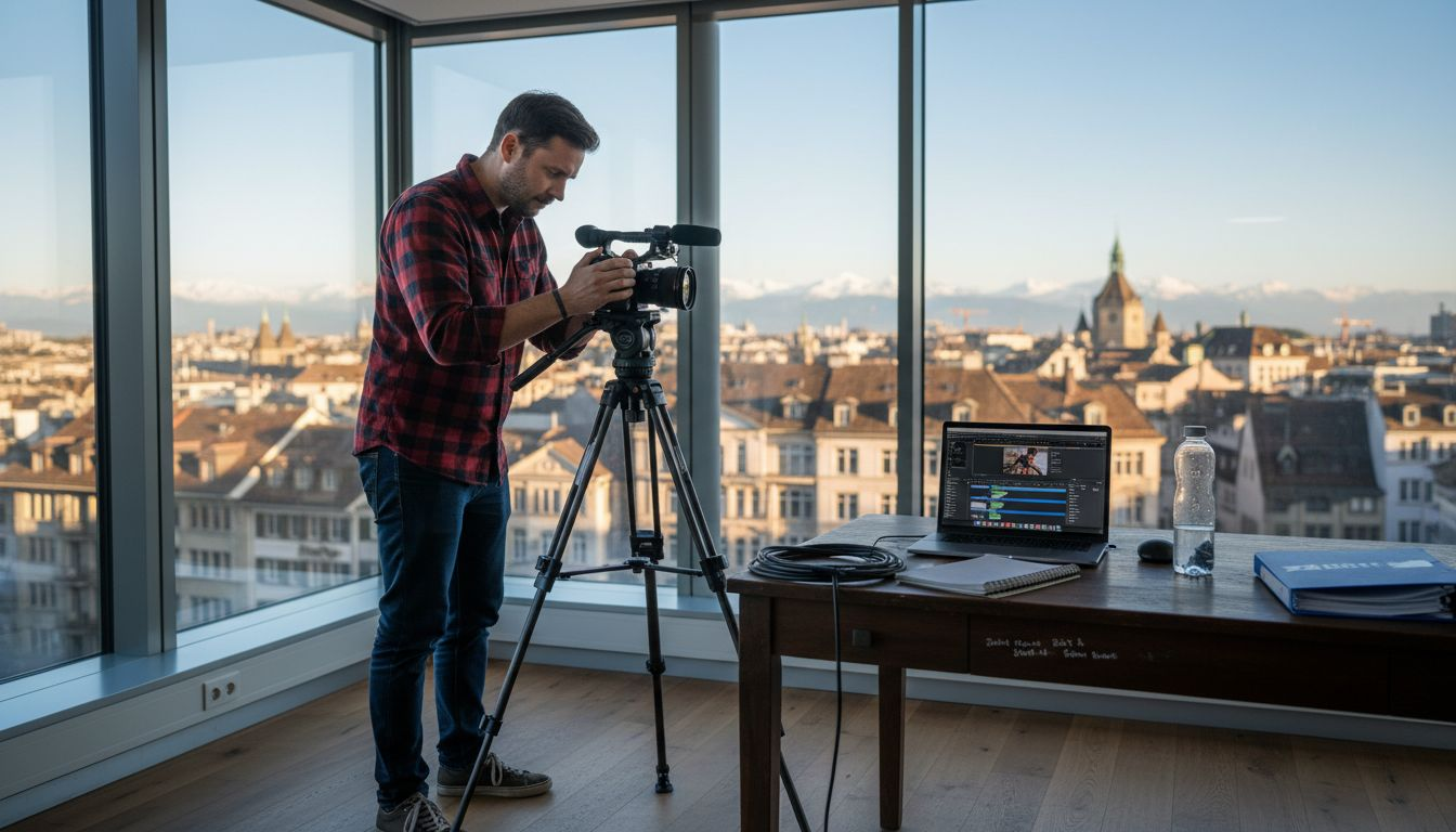 Videographer setting up camera in Swiss office