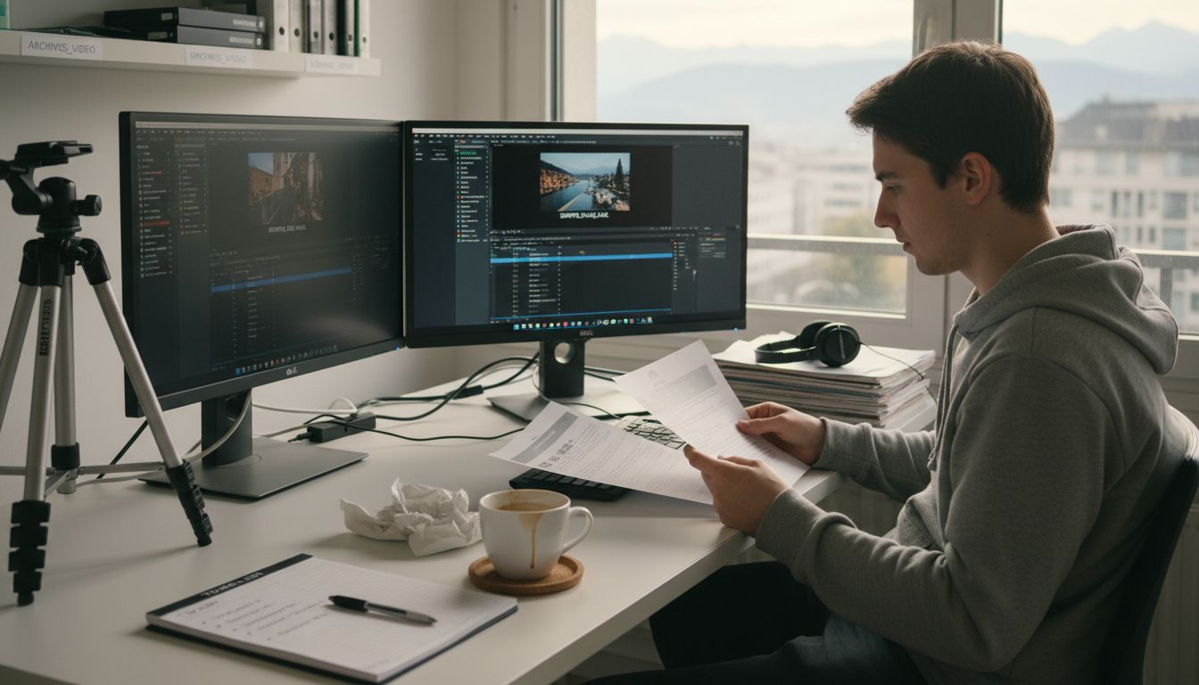 Un créateur vidéo suisse en pleine préparation d’un nouveau projet au bureau.