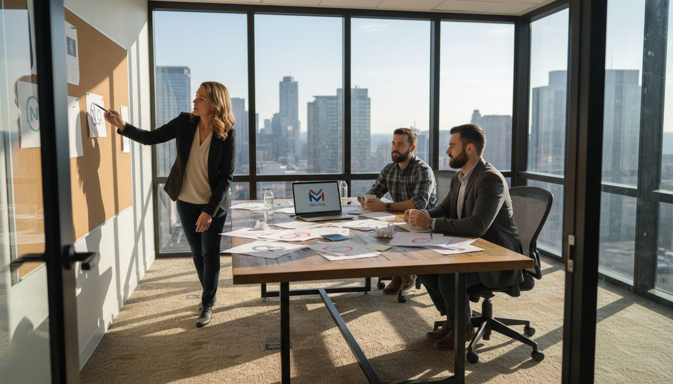 Team collaborating on brand visuals in meeting