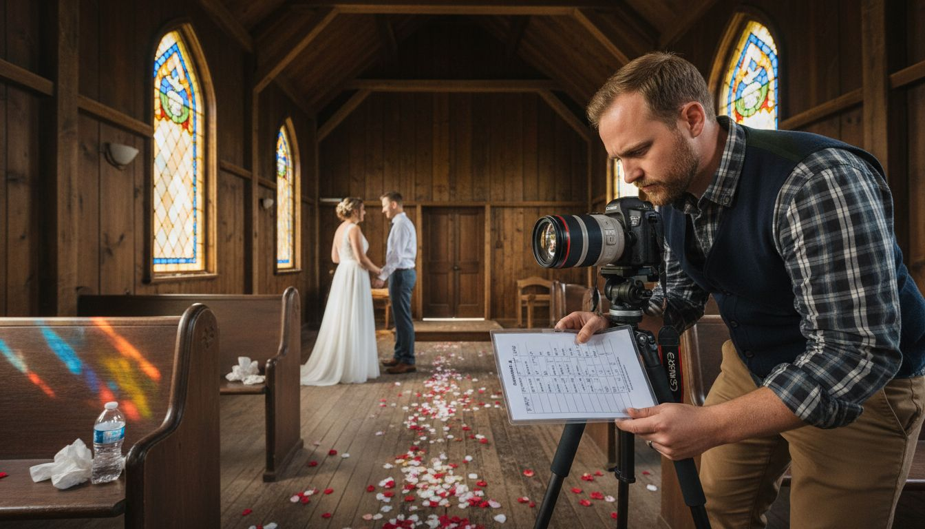 Videographer setting up in rustic wedding chapel