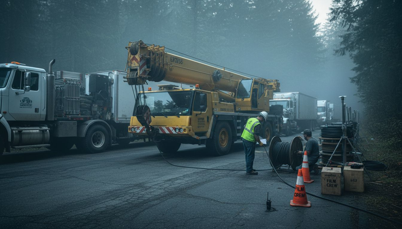 Mobile crane prepared for film set transport
