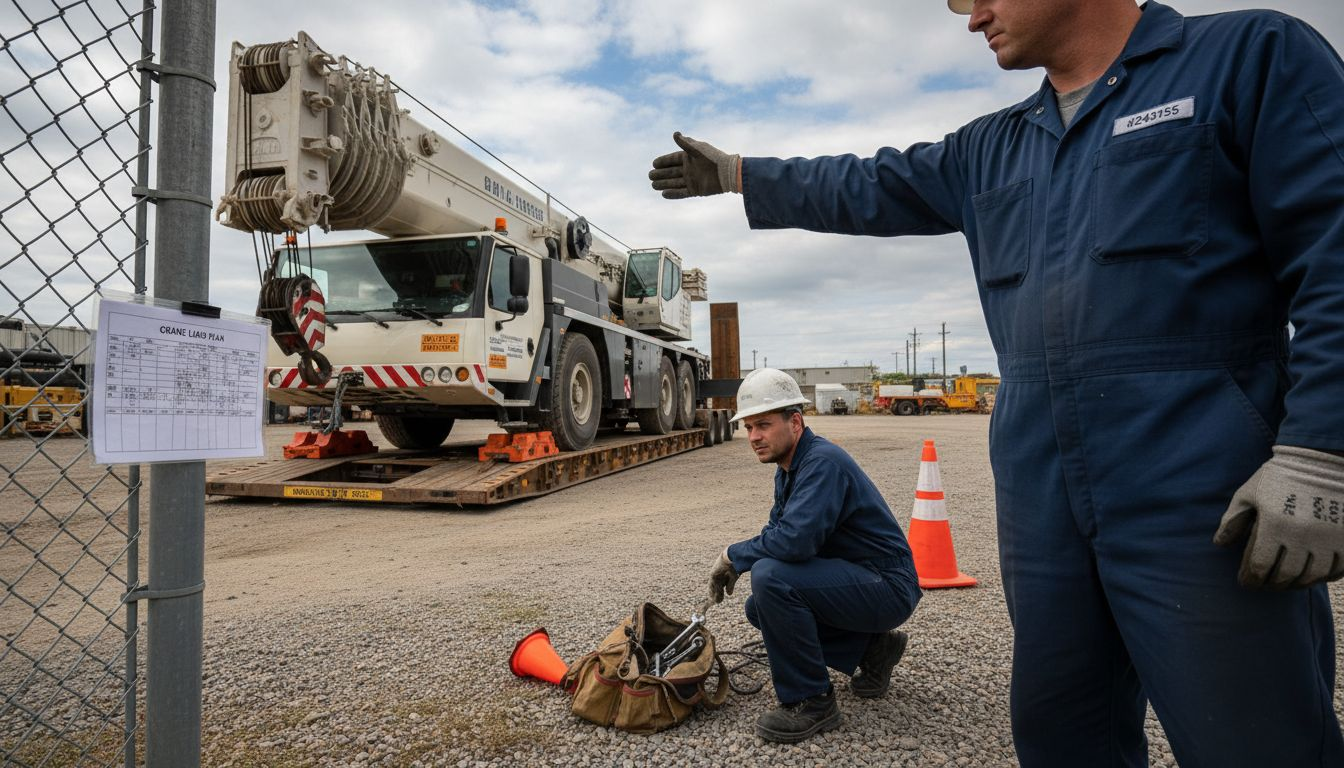 Crew loading crane onto transport trailer