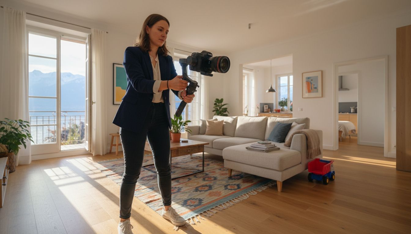 Agent filming walkthrough in Geneva apartment