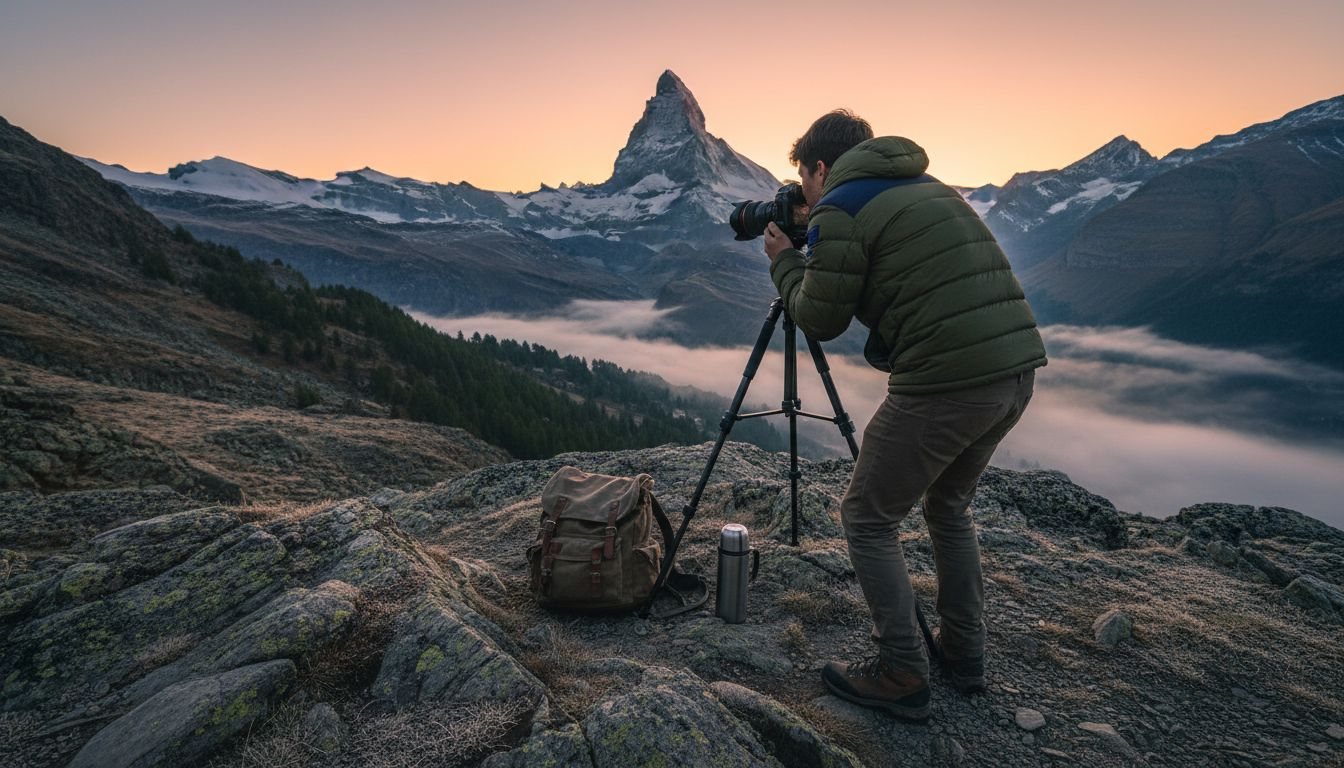 Filmmaker framing Matterhorn at sunrise from overlook