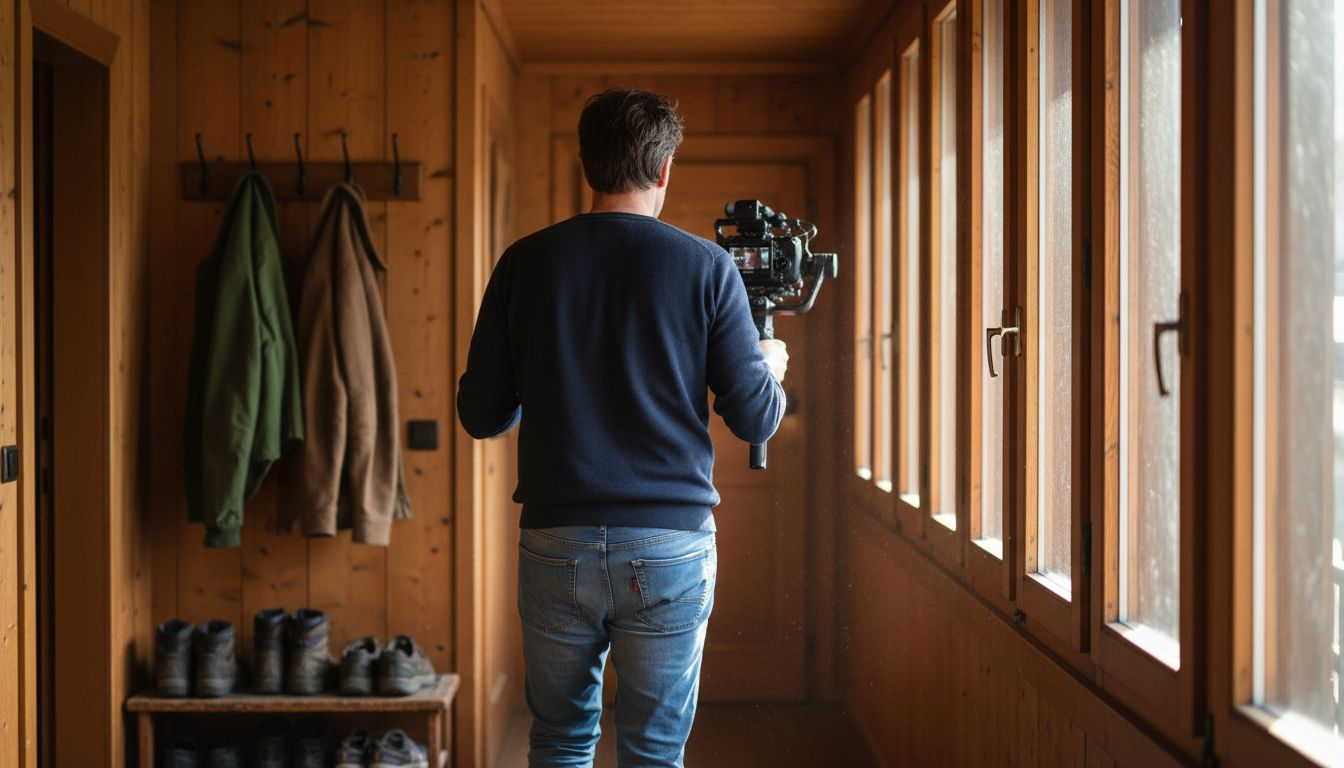 Videographer walkthrough in Swiss chalet entry