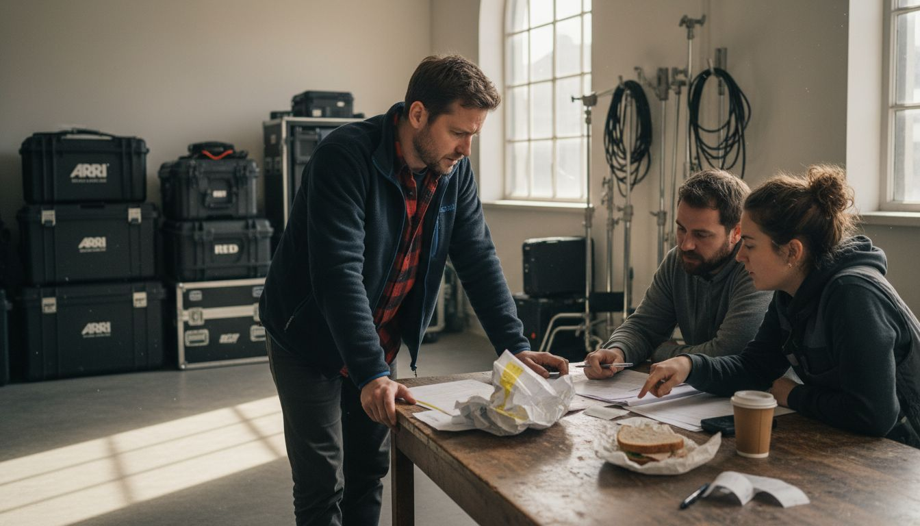 Swiss filmmaker and crew planning shooting schedule