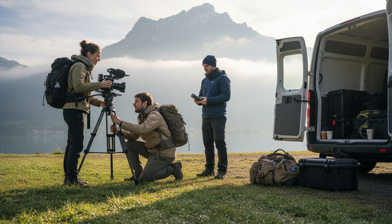 Film crew setting up by Lake Lucerne with mountains