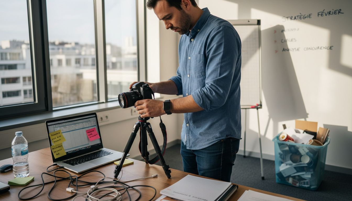 Un responsable installe une caméra vidéo dans les locaux de l’entreprise en centre-ville.