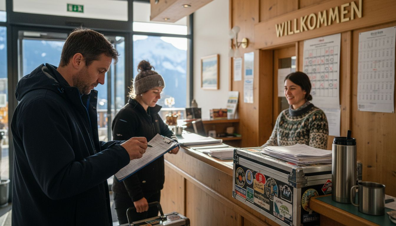 Film crew checking in at Swiss hotel desk