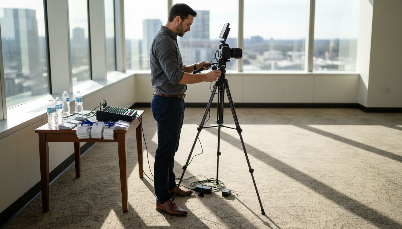 Coordinator preparing video at business event