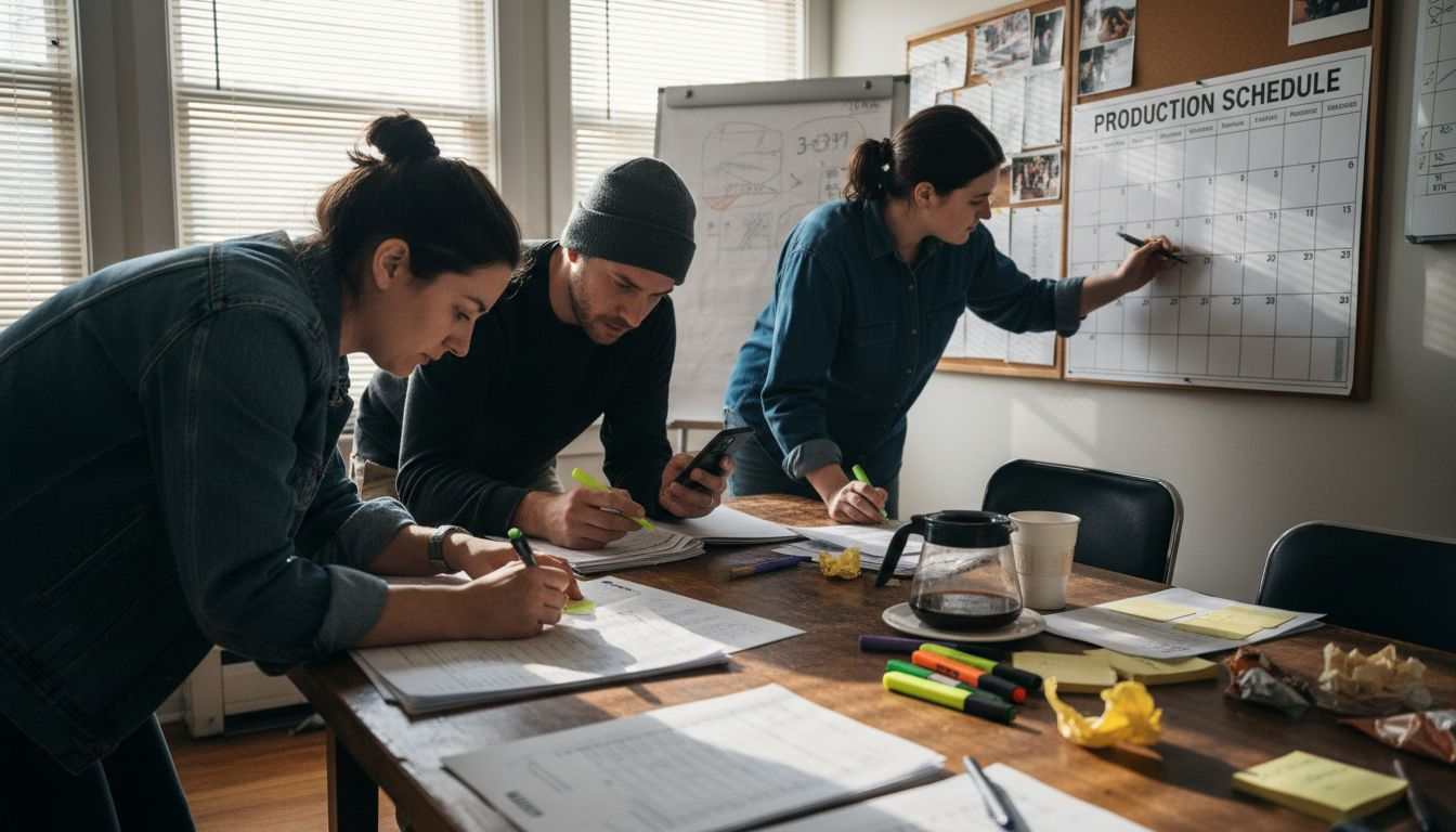 Film crew planning around conference table
