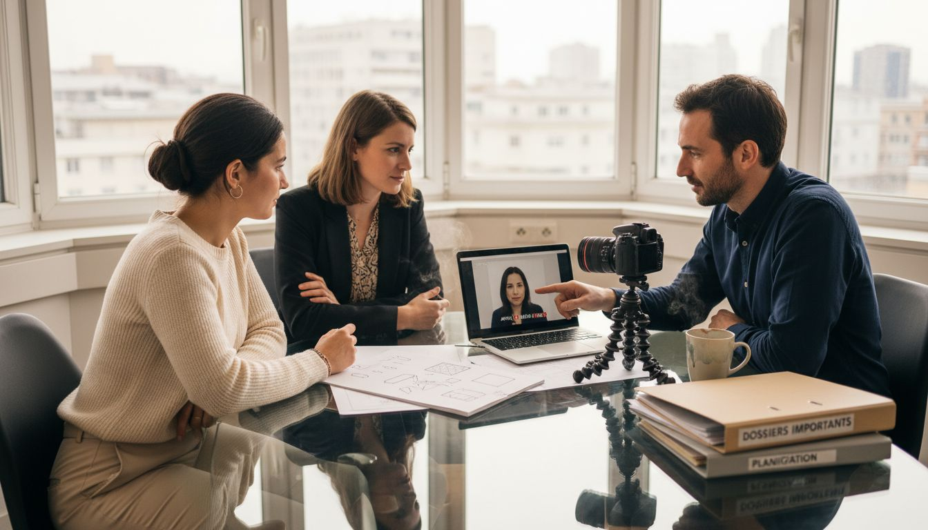 Une équipe se réunit au bureau pour échanger sur un projet vidéo.