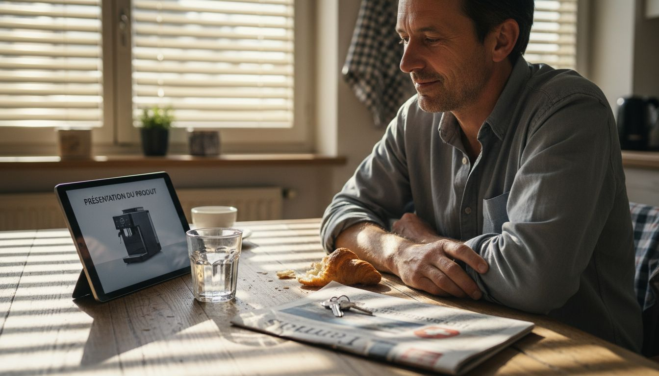 Le client suit avec intérêt une vidéo d’expert chez lui.