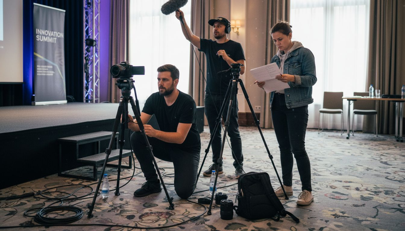 Team preparing video gear at business event