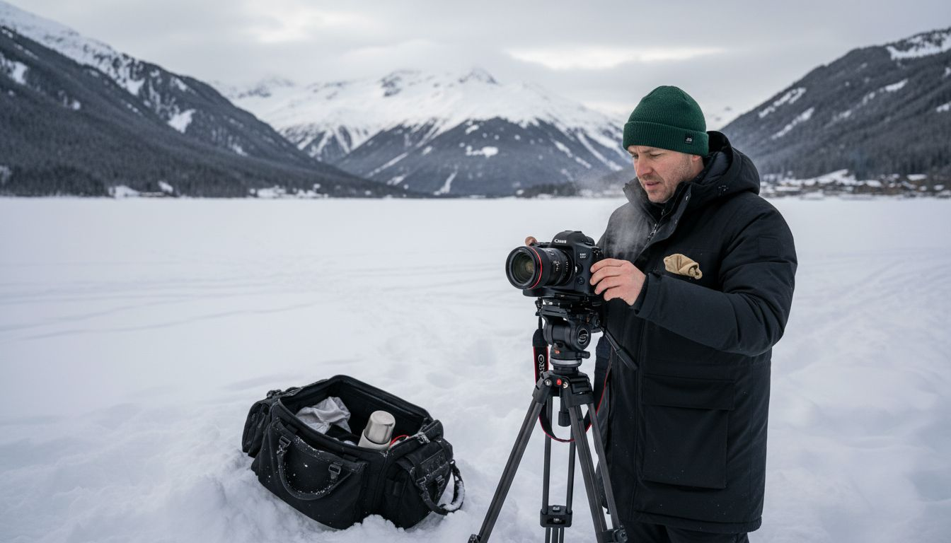 Filmmaker setting up camera in snowy St Moritz