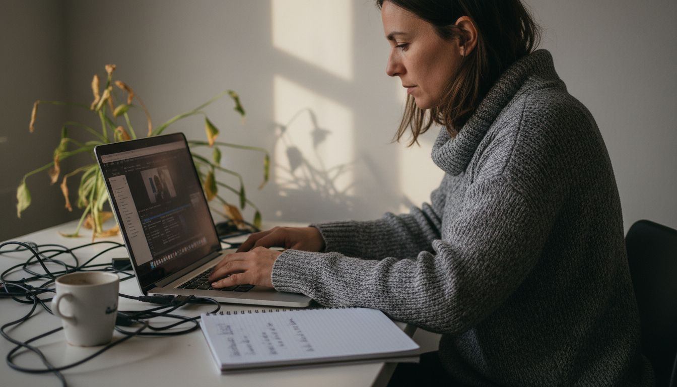 Une créatrice travaille sur son ordinateur, installée près d’une fenêtre baignée de lumière.