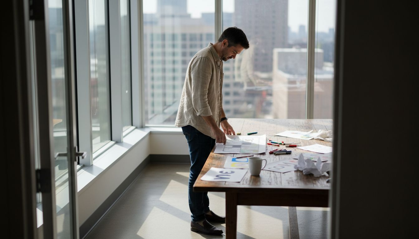 Creative director reviews storyboard in office