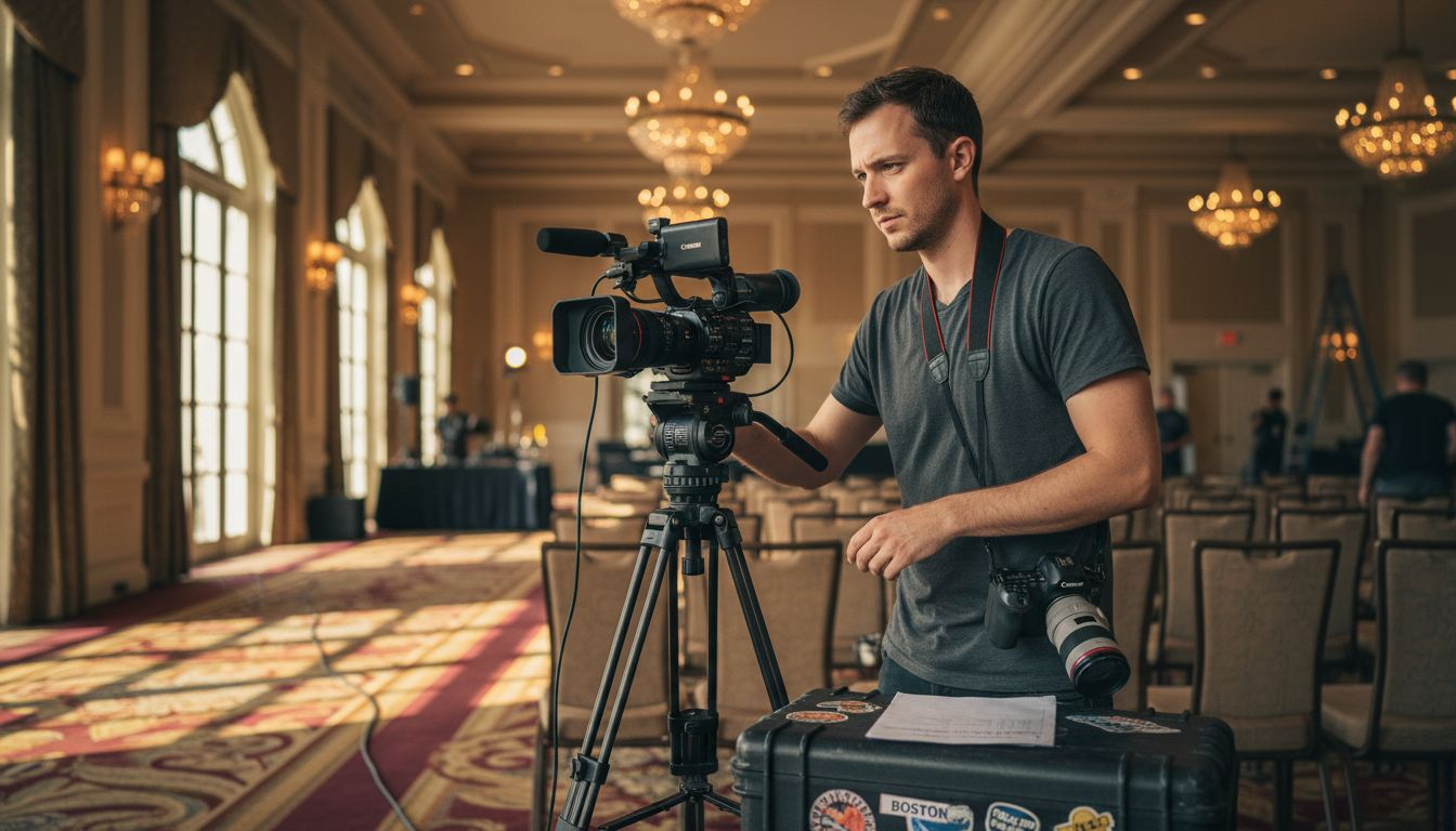 Event videographer preparing camera at ballroom
