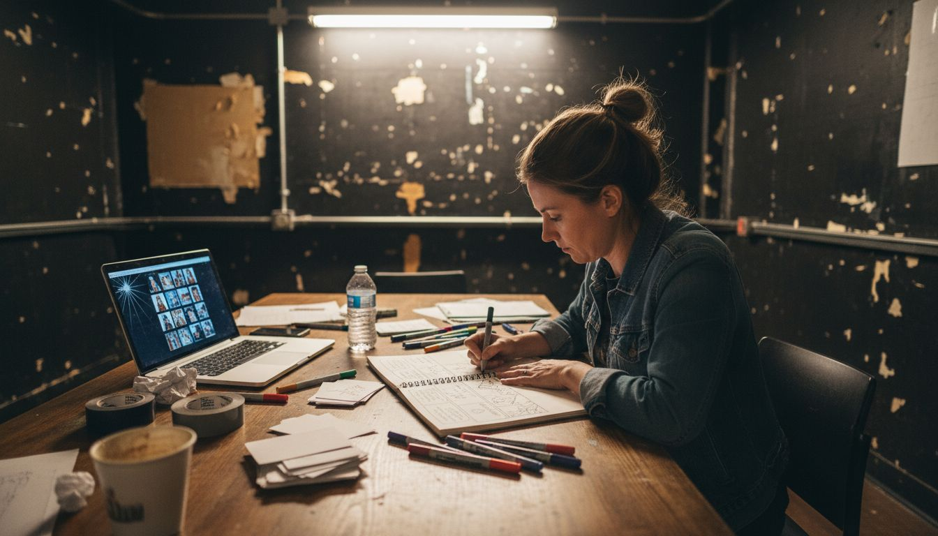 Woman sketching event storyboard backstage