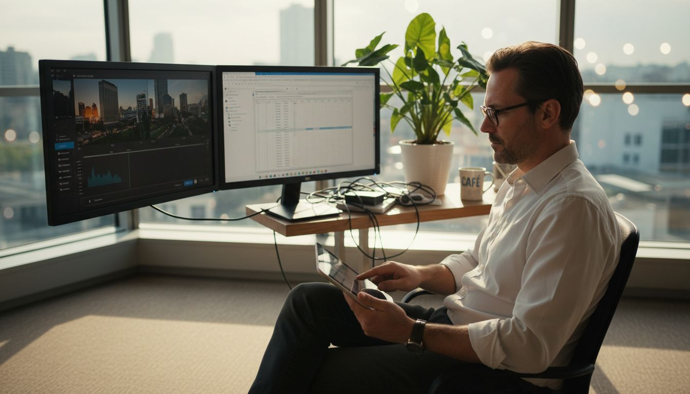 Un homme en plein montage d’une vidéo interactive dans son bureau.