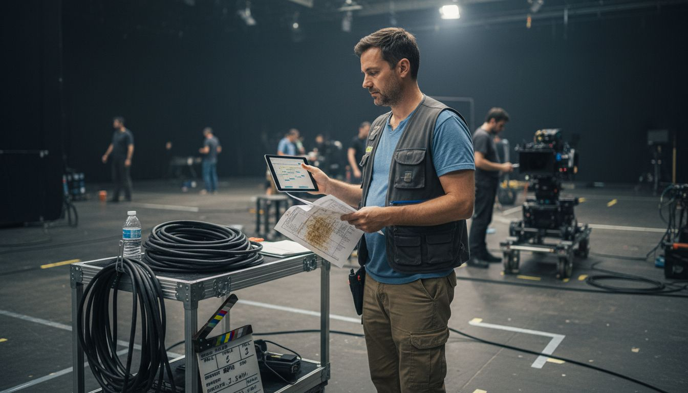 Production manager reviews film schedule on set