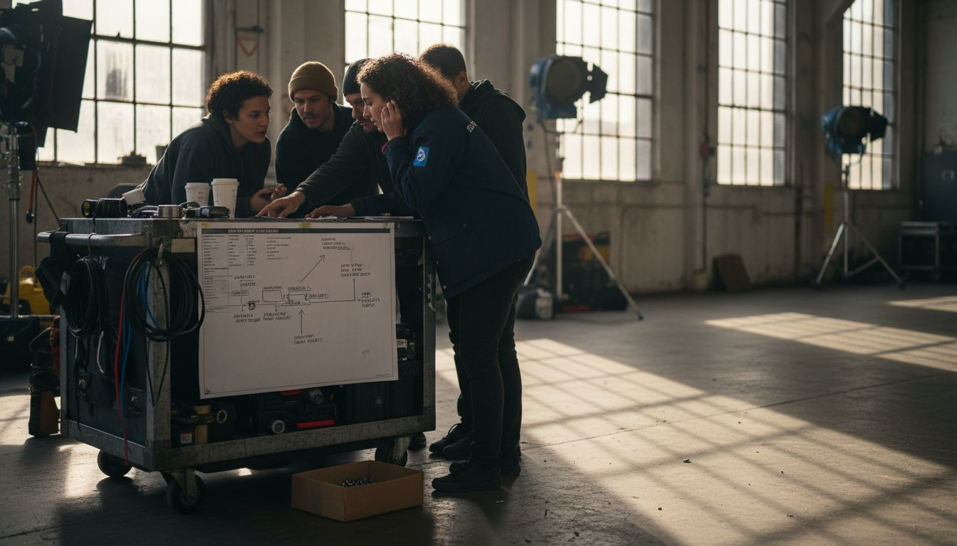 Crew discuss workflow with set paperwork