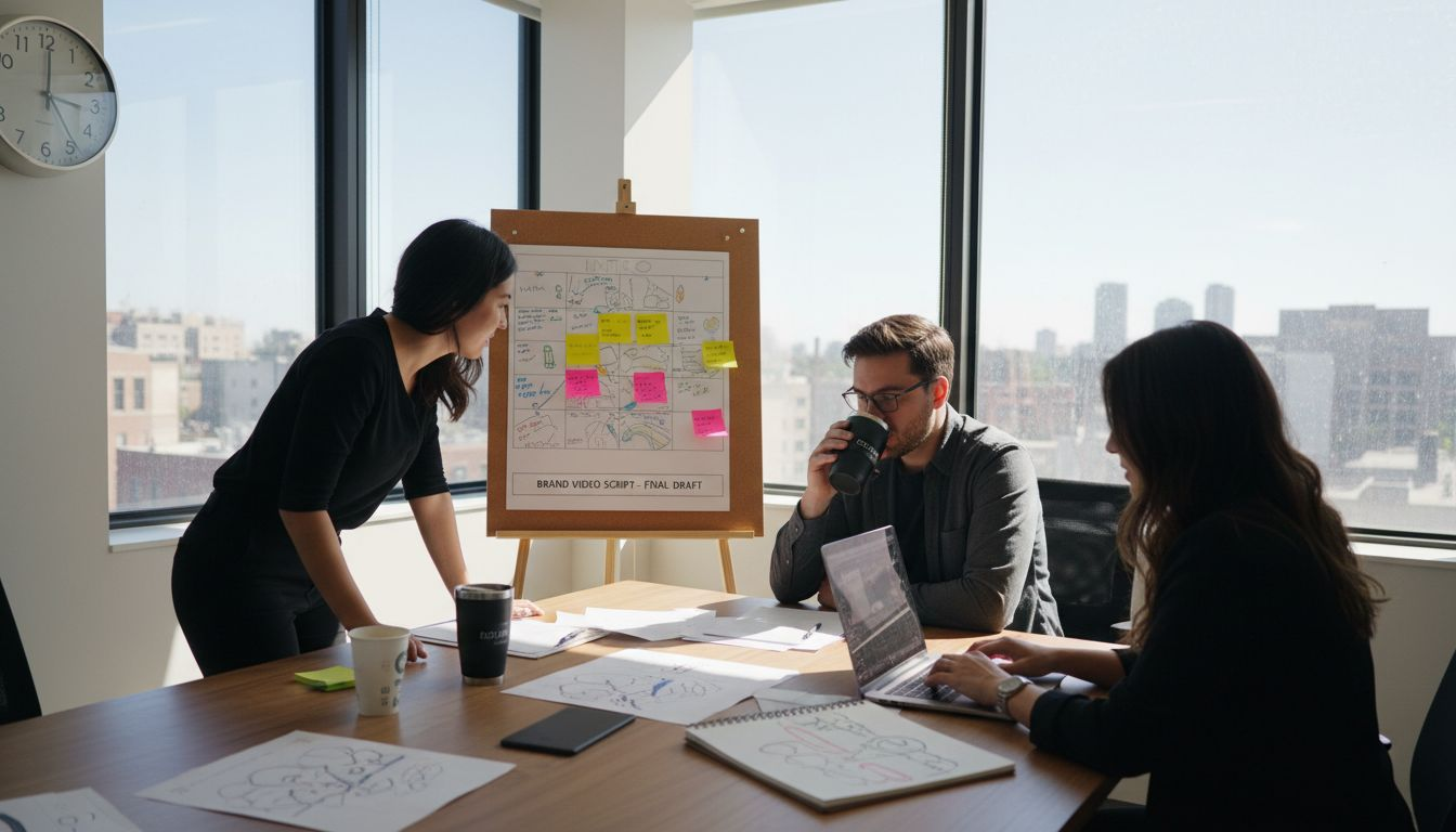 Team scripting brand video in glass office