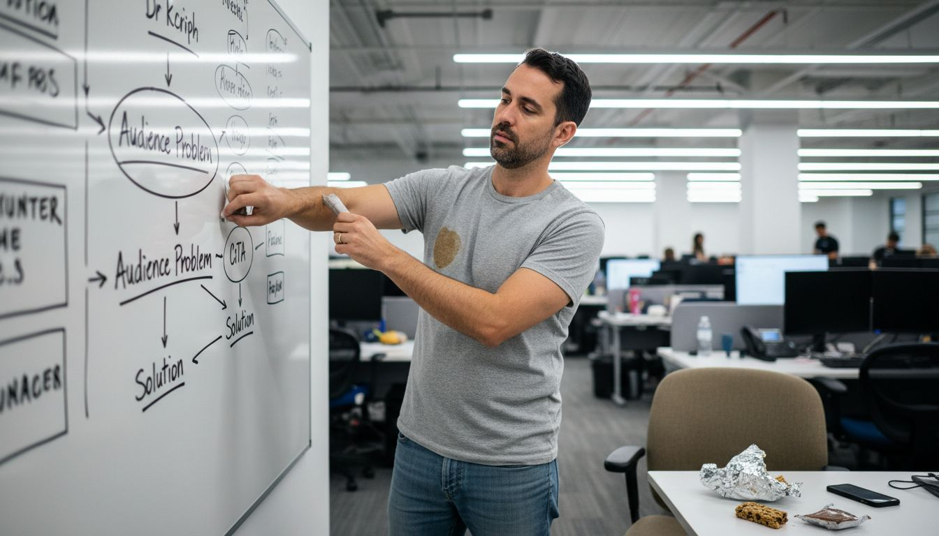 Marketing manager revises script outline at whiteboard