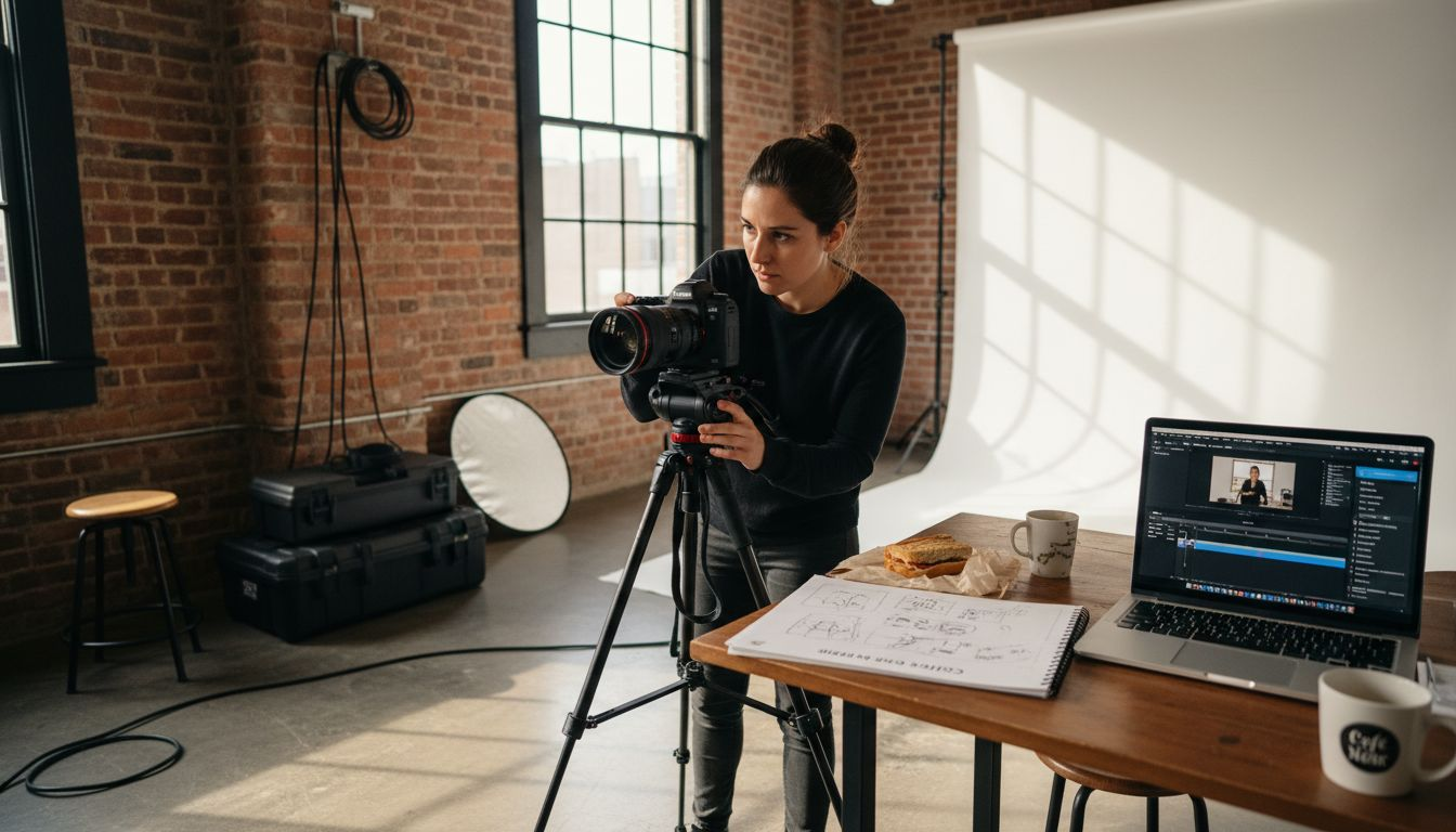 Un vidéaste installe son matériel et règle sa caméra avant un tournage en studio.