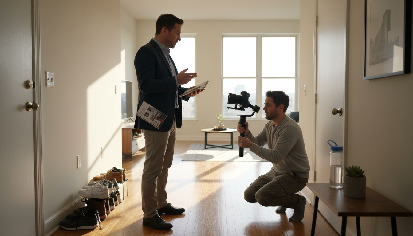Agent and videographer plan property video shoot