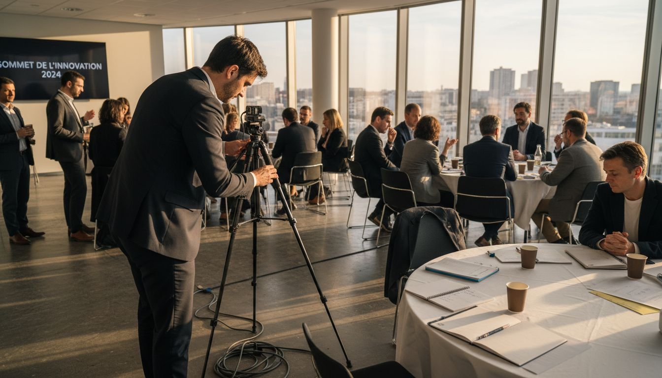 Le chef de projet s’occupe de l’installation de la caméra avant le début de l’événement.