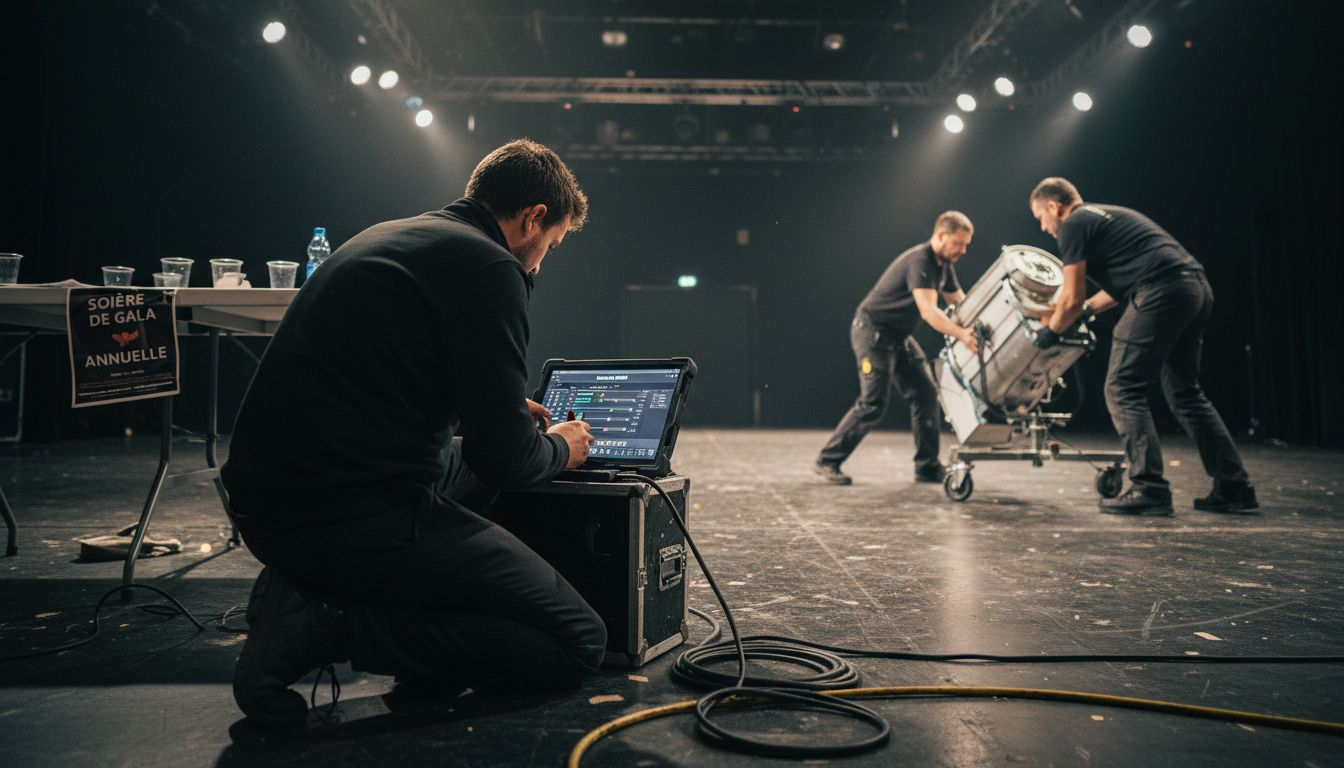 Un technicien vidéo s’affaire à installer le matériel pour un événement.