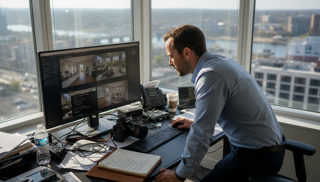 Videographer editing real estate footage in office