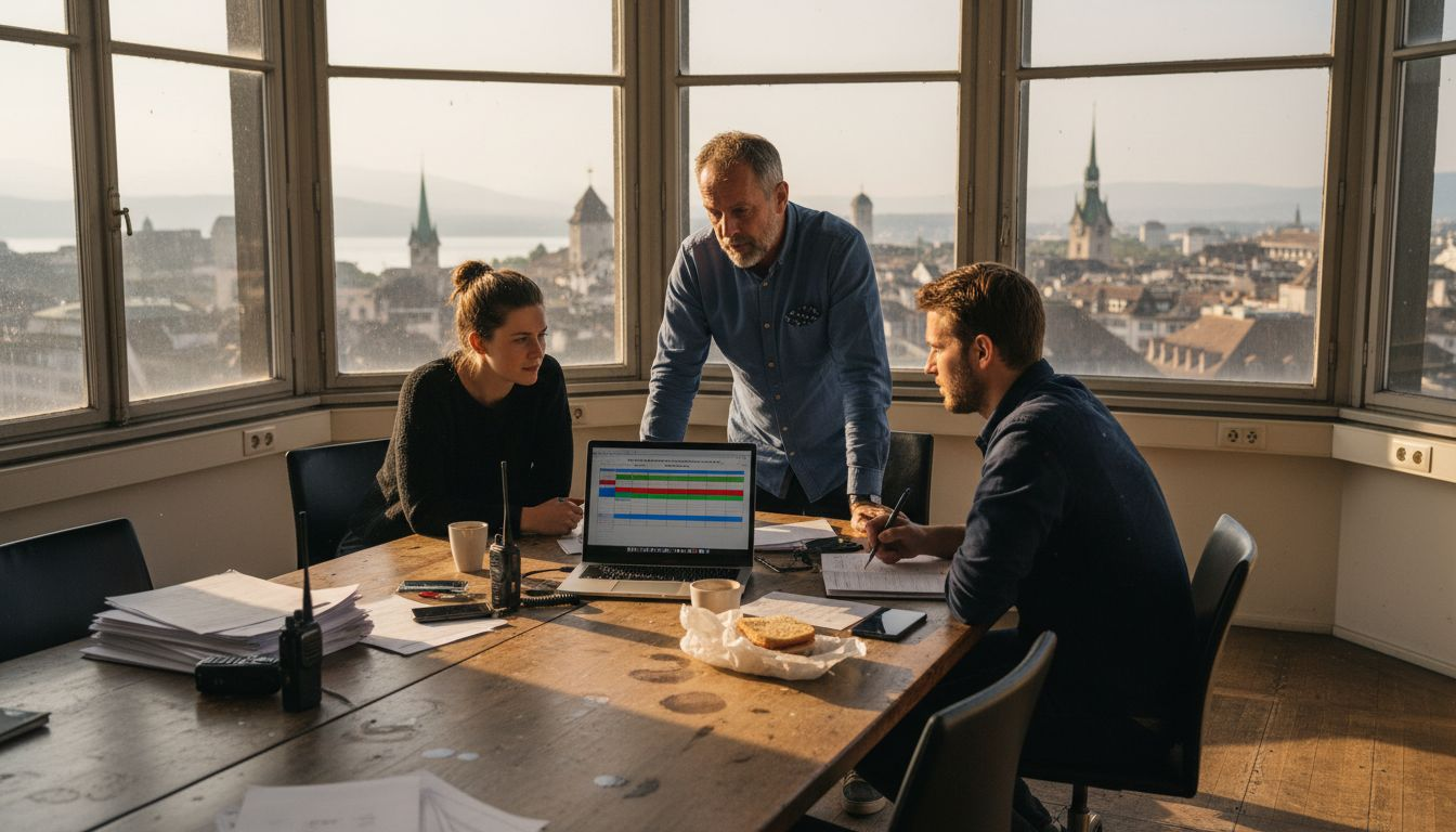 Film crew planning Swiss shoot in office