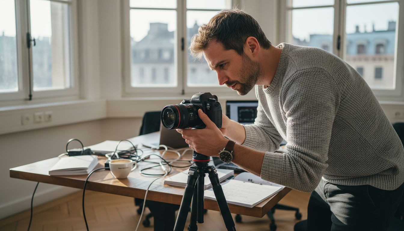 Un vidéaste suisse en plein réglage de sa caméra pour une vidéo promotionnelle.