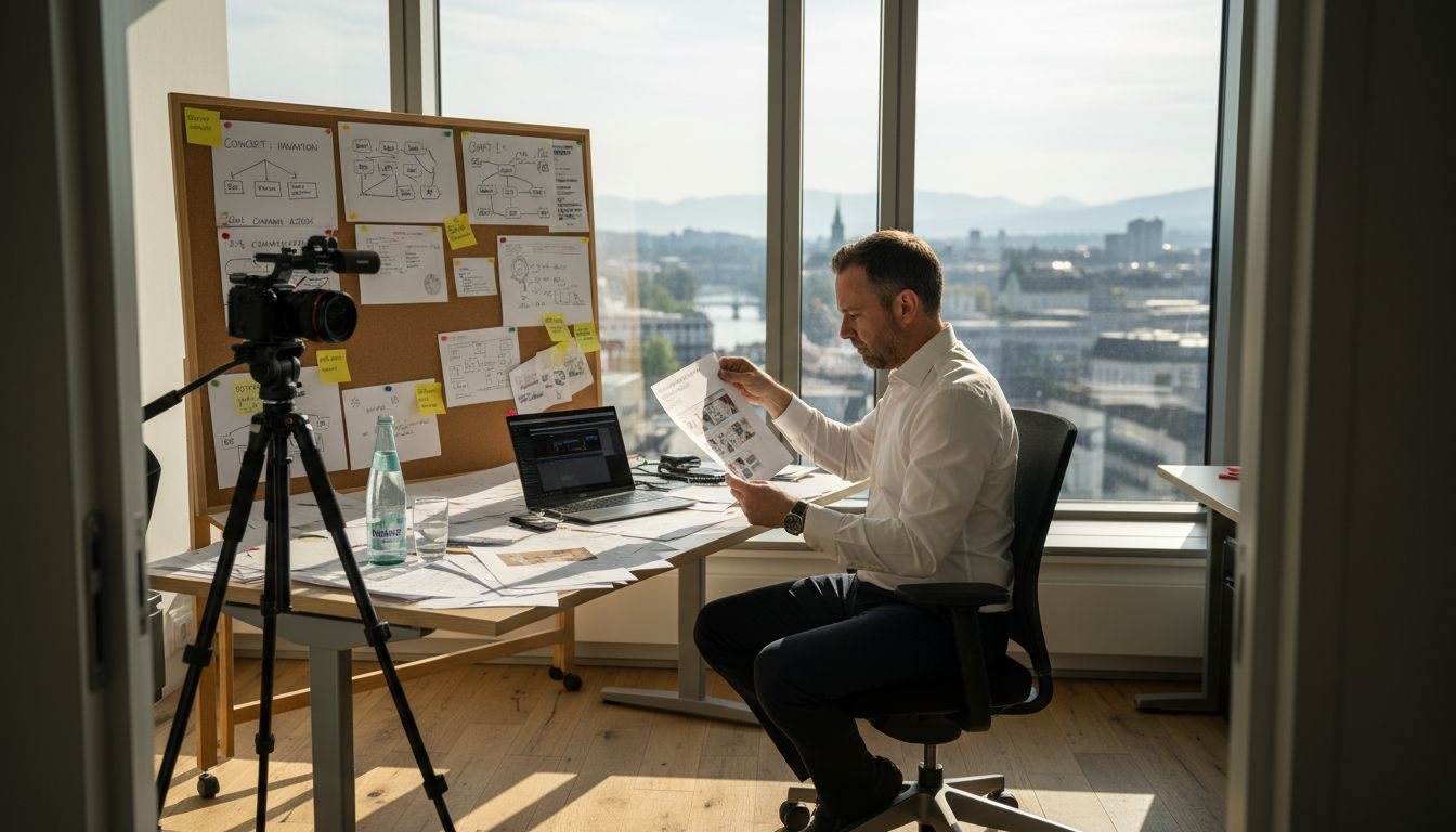 Manager reviewing storyboard for business video project