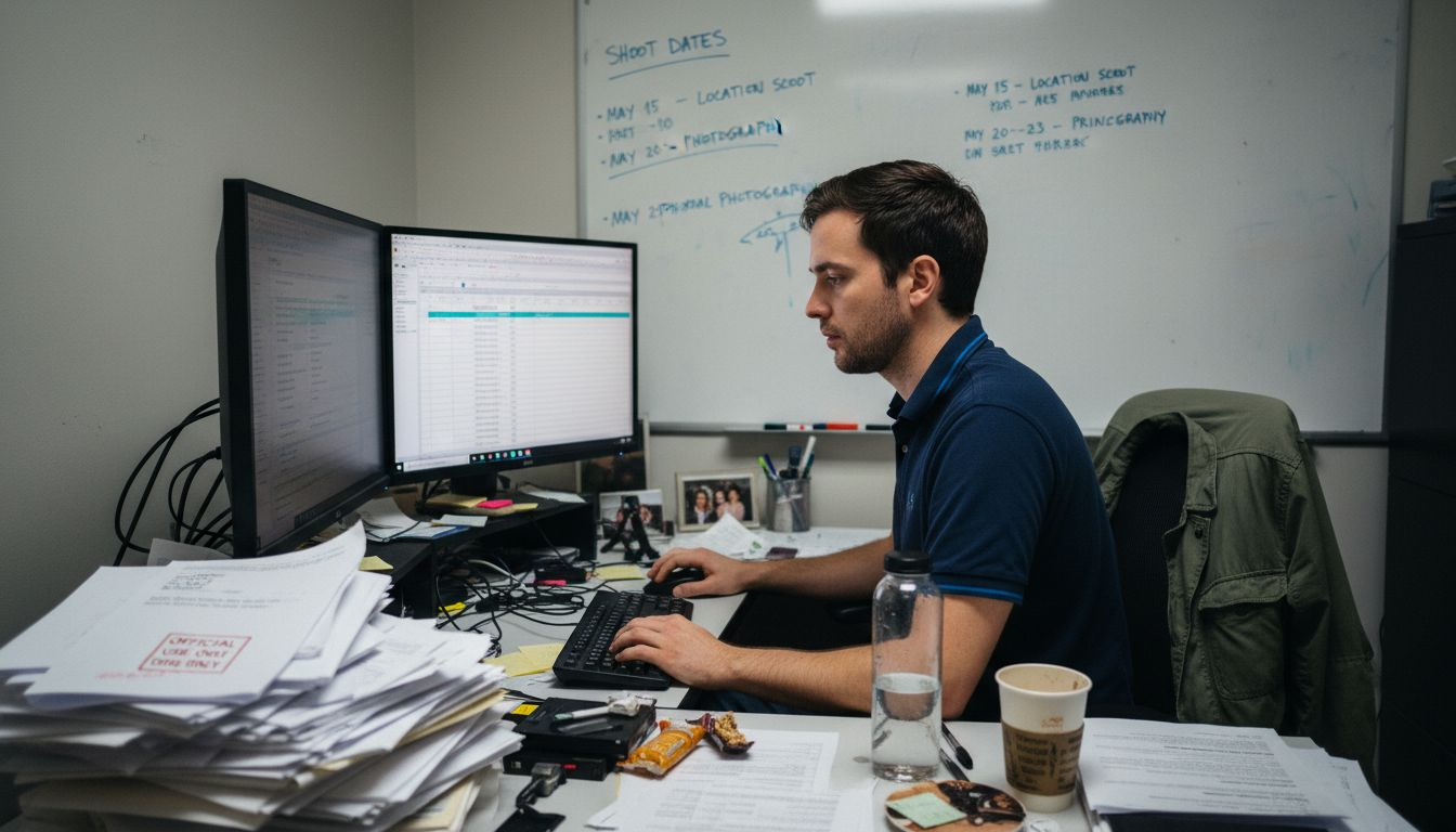 Busy production coordinator organizes film documents