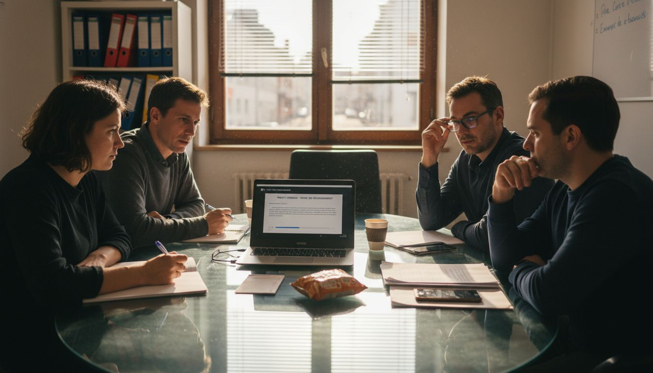 Des collaborateurs d’une PME réunis autour d’une vidéo lors d’une réunion.