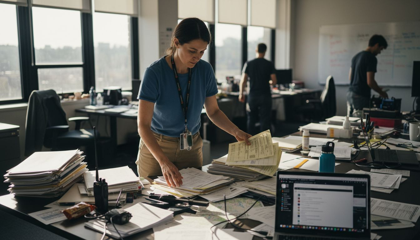 Production coordinator organizing daily workflow papers