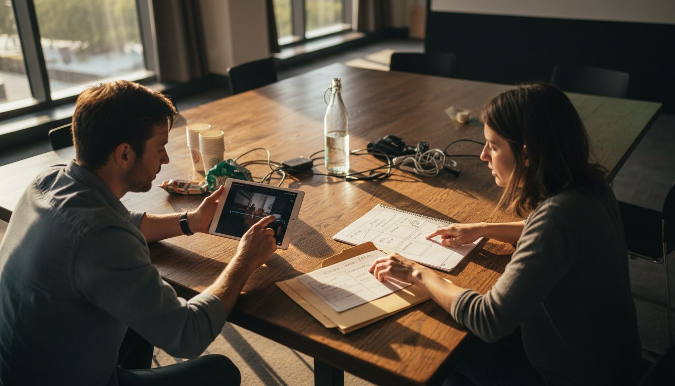 Event organizers reviewing video production plan