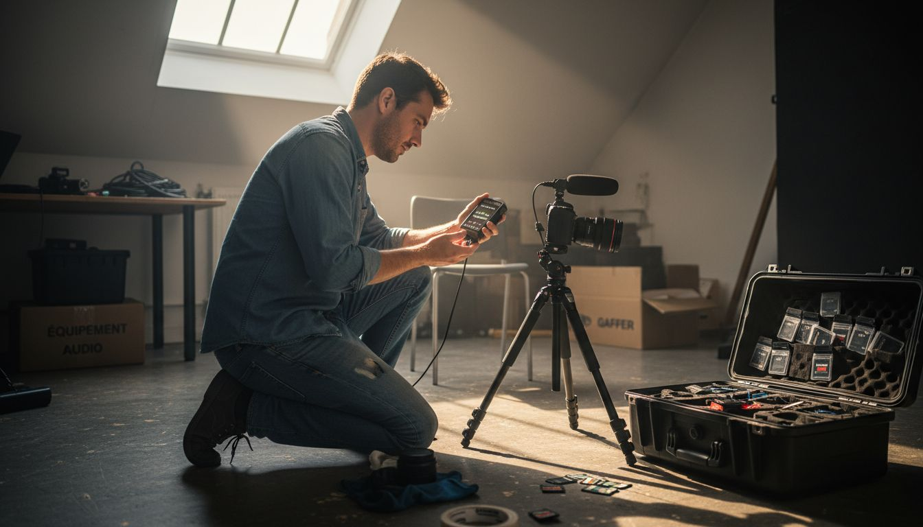 Un vidéaste spécialisé dans les PME en pleine vérification du micro et de la caméra avant le tournage.