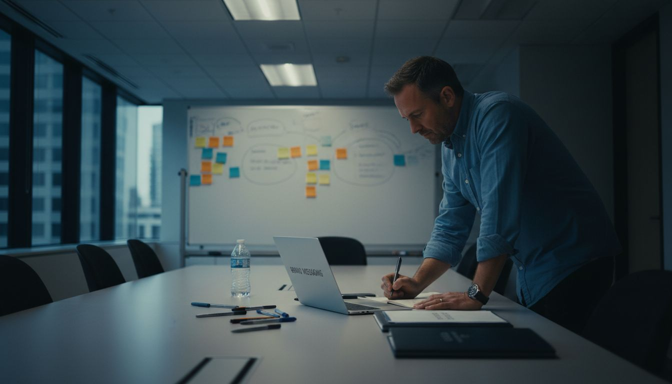 Brand manager taking notes at messy table