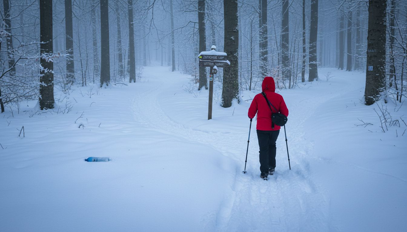 Winter hiker walking Zurich snow trail