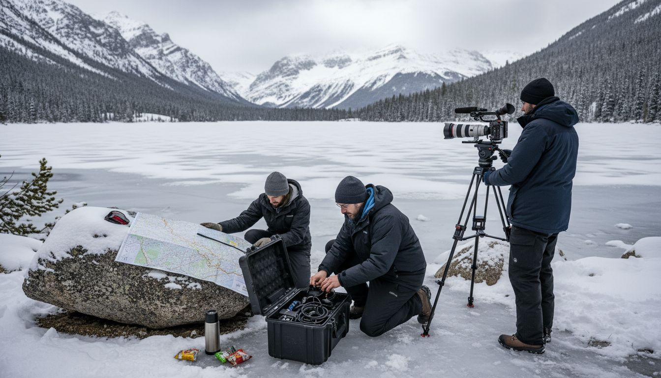 Film crew filming mountains in winter