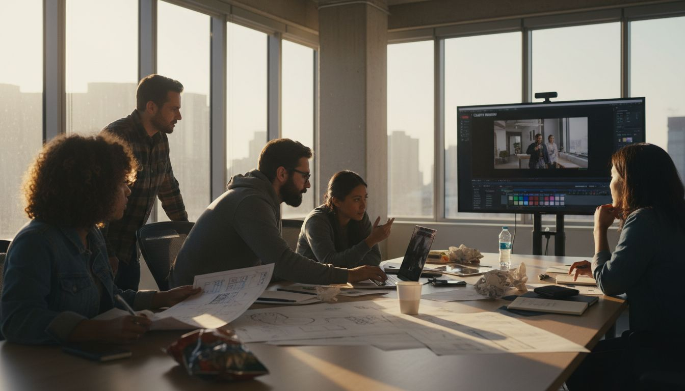 Video team reviews project in sunlit office