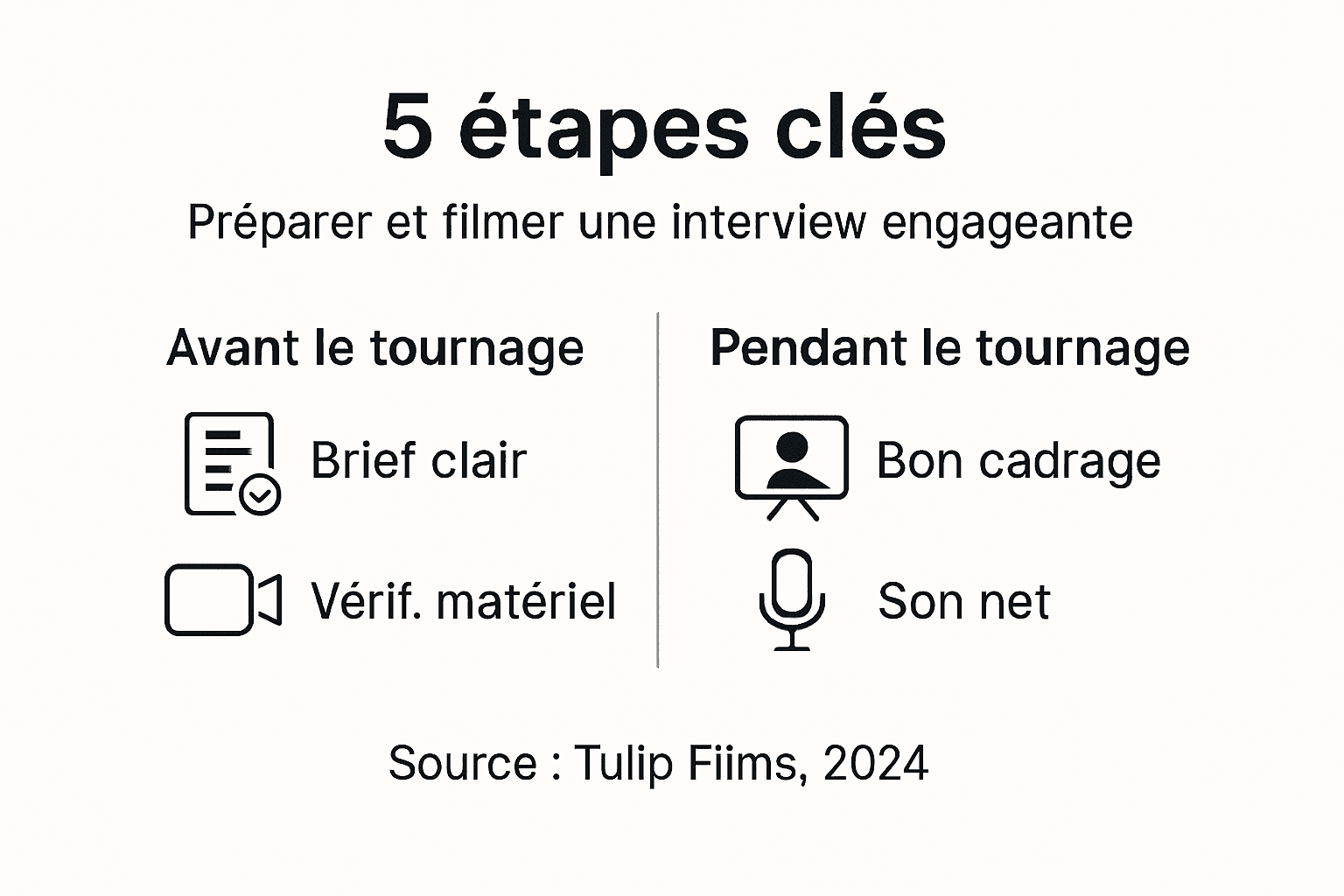 Visuel présentant les cinq étapes clés pour réussir une interview vidéo