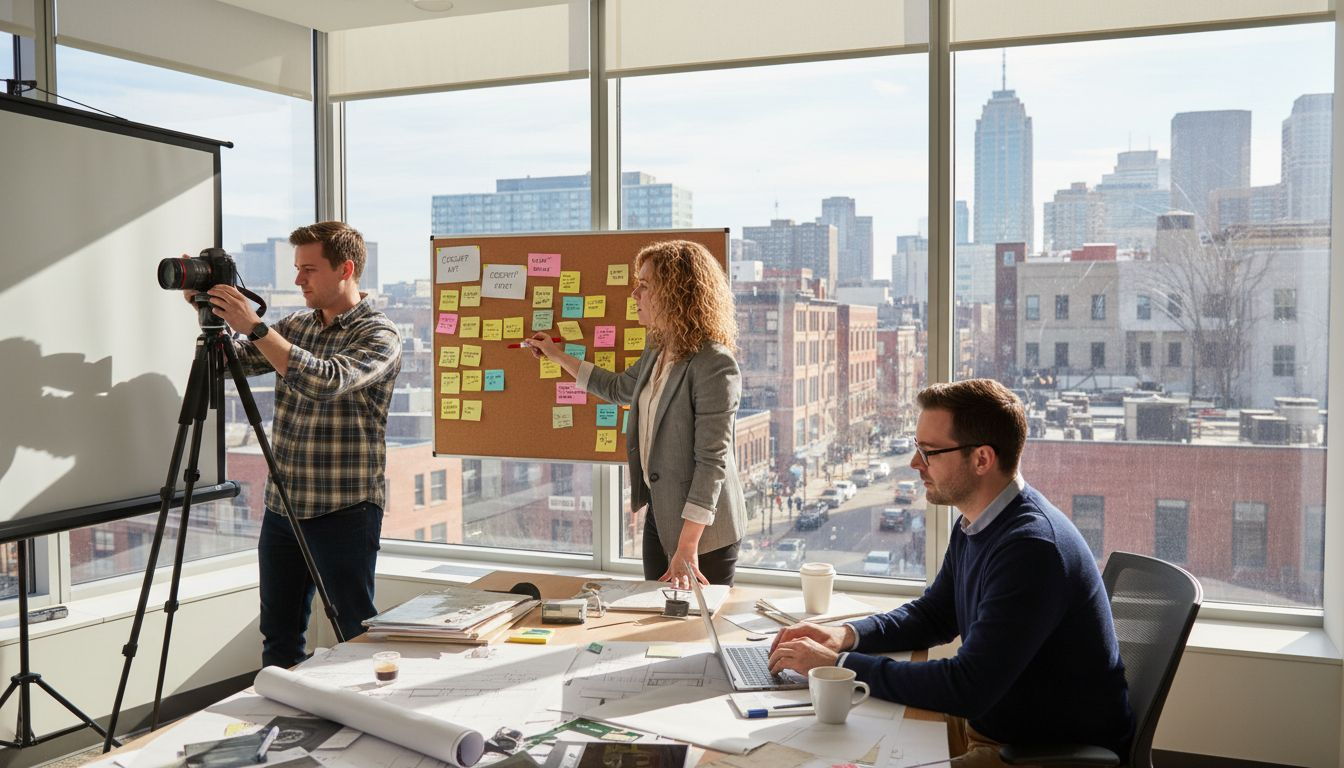 Swiss video agency team planning in corner office