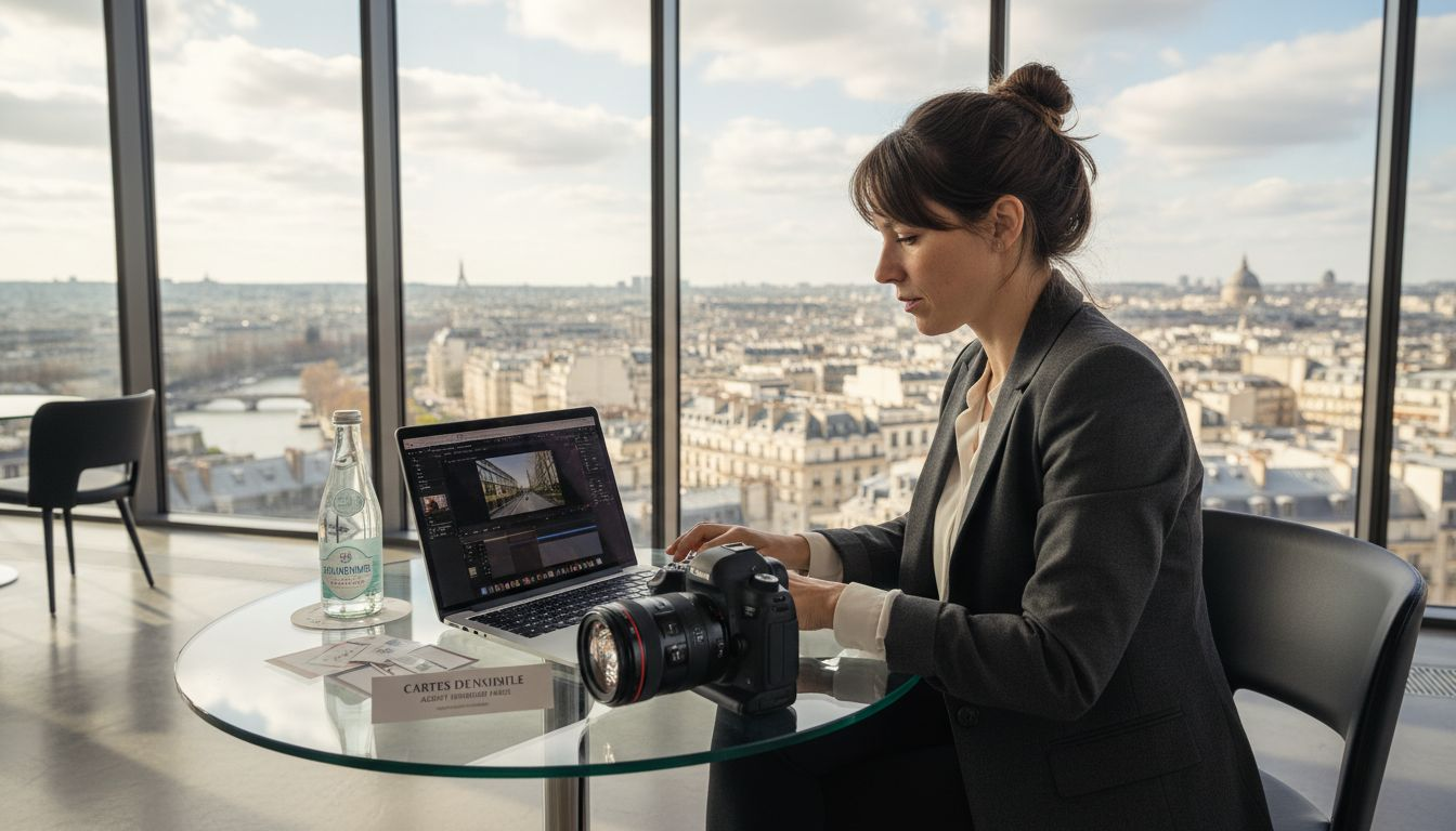 Un agent immobilier en train de monter une vidéo dans un bureau baigné de soleil.